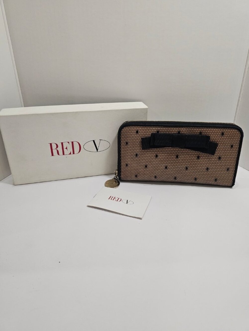 Auth. Valentino Nude and Black Bow Zip-Around Wallet